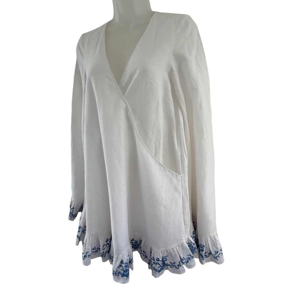 Caroline Constas Brynn Cover Up Womens XS White Blue Embroidered Ruffle Hem - Picture 7 of 16
